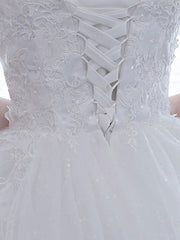 Half Sleeves Tulle White Lace Ruffles Ball Gown Wedding Dresses