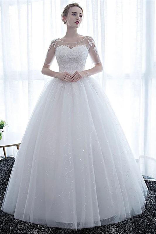 Half Sleeves Tulle White Lace Ruffles Ball Gown Wedding Dresses