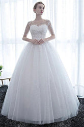 Half Sleeves Tulle White Lace Ruffles Ball Gown Wedding Dresses