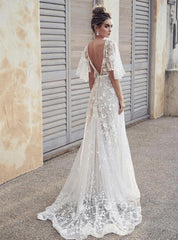 Half Sleeves V Neck Tulle Lace Appliques Backless Beach Wedding Dresses