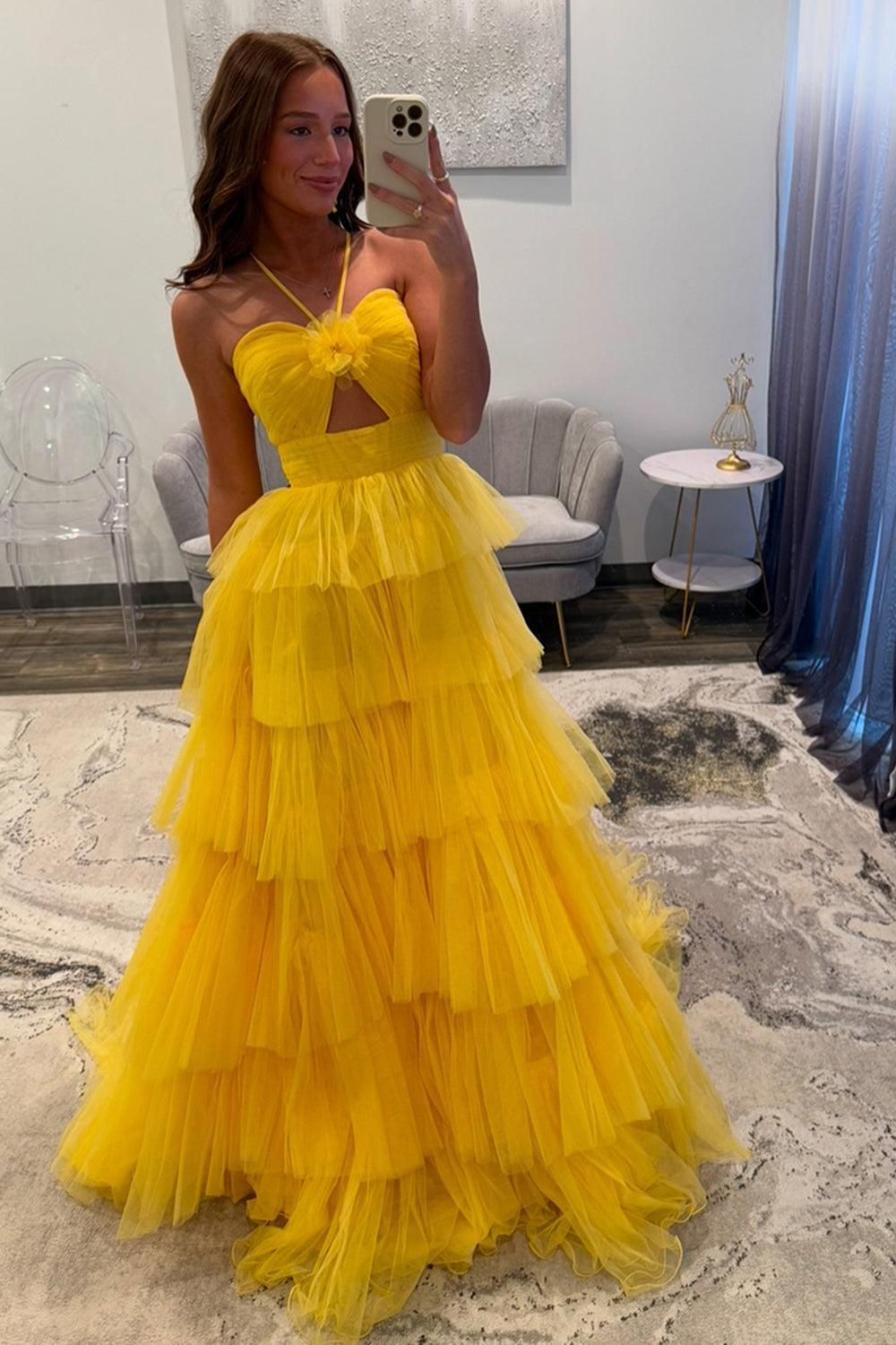 Suzhoufashion Halter A Line Yellow Prom Dress Ruffled Tulle Long Formal Dress With Keyhole suzhoufashion Suzhoufashion Halter A Line Yellow Prom Dress Ruffled Tulle Long Formal Dress With Keyhole suzhoufashion