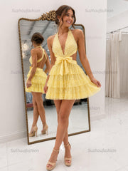 Halter Beaded Tiered Ruffle Homecoming Dresses Mini Cocktail Dresses