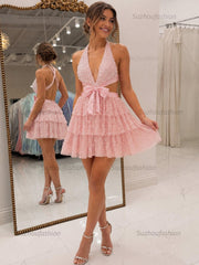 Halter Beaded Tiered Ruffle Homecoming Dresses Mini Cocktail Dresses