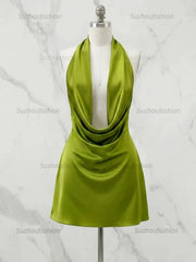 Halter Cowl Neck Satin Homecoming Dresses Mini Cocktail Dress