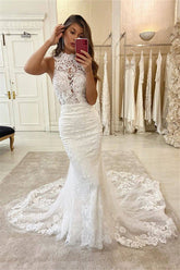 Halter Lace Appliques Mermaid Wedding Dresses | Glamorous Sleeveless Bridal Dresses Online
