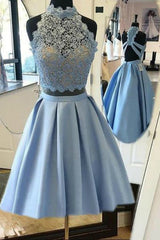 Halter Lace Blue Homecoming Dresses Prom Dress