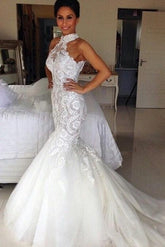 Halter Long Sleeveless Mermaid Sexy Tulle Applique Wedding Dresses