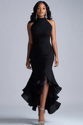 Halter Neck Black Wedding Guest Dress Ruffled Mermaid Long Formal Dress With Slit