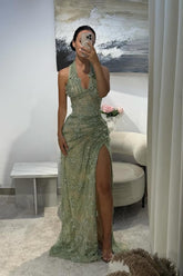 Halter Neck Grey Green Prom Dress Lace Appliqued Formal Dress with 3D Flowers