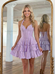 Halter Neck Pearl Beaded Tiered Short Homecoming Dresses