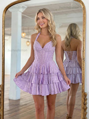 Halter Neck Pearl Beaded Tiered Short Homecoming Dresses