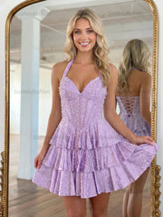 Halter Neck Pearl Beaded Tiered Short Homecoming Dresses