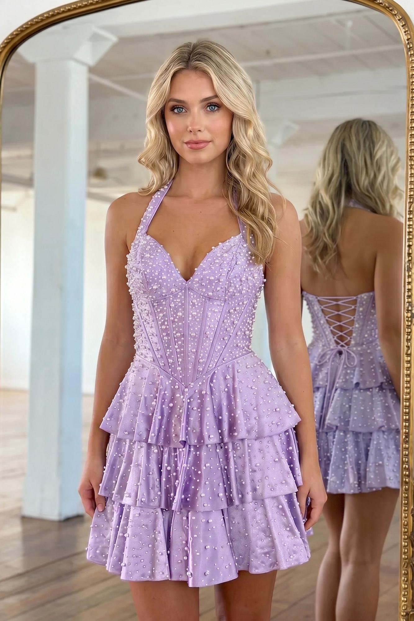 Halter Neck Pearl Beaded Tiered Short Homecoming Dresses