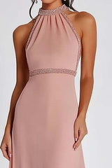 Halter Neck Pink Wedding Guest Dress Beaded Long Formal Dress