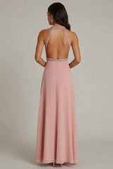 Halter Neck Pink Wedding Guest Dress Beaded Long Formal Dress