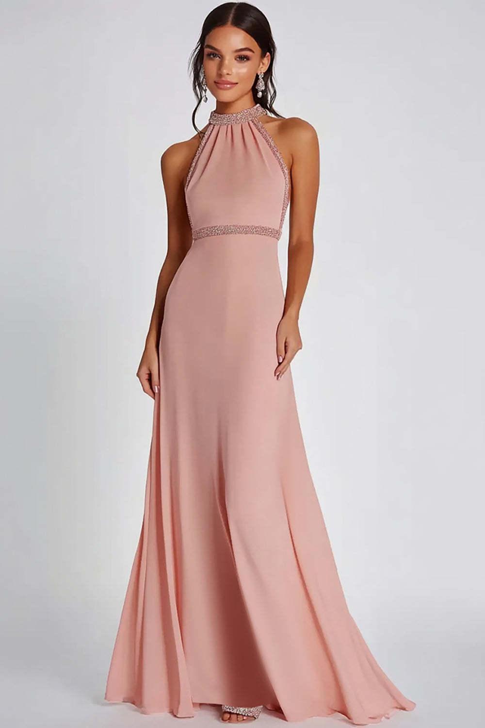 Suzhoufashion Halter Neck Pink Wedding Guest Dress Beaded Long Formal Dress
