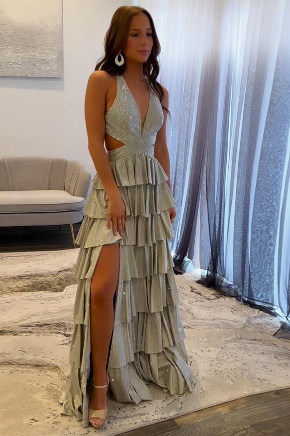 Halter Silver Prom Dress Tiered A-Line Long Formal Dress With Slit