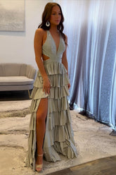 Halter Silver Prom Dress Tiered A-Line Long Formal Dress With Slit