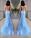 Halter Sky Blue Tulle Lace Appliques Mermaid Prom Dresses Long