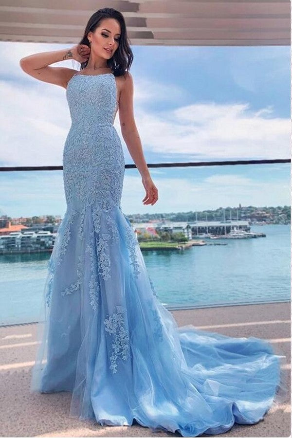 Halter Sky Blue Tulle Lace Appliques Mermaid Prom Dresses Long