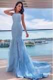 Halter Sky Blue Tulle Lace Appliques Mermaid Prom Dresses Long