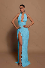 Halter Sleeveless Long Mermaid Evening Formal Dress With Lace Appliques