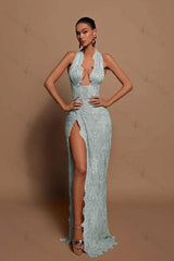 Halter Sleeveless Long Mermaid Evening Formal Dress With Lace Appliques