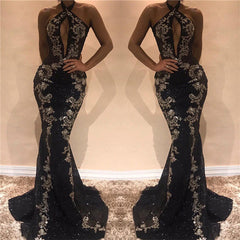 Halter Sleeveless Sexy Evening Dresses | Black Shiny Keyhole Prom Dress with Lace Appliques