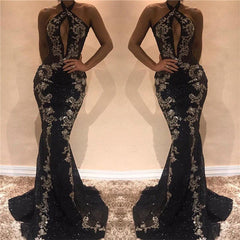 Halter Sleeveless Sexy Evening Dresses | Black Shiny Keyhole Prom Dress with Lace Appliques