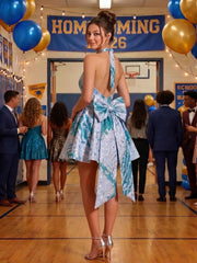 Halter V-Neck Floral Jacquard Homecoming Dresses Mini Cocktail Dress with Oversized Back Bow