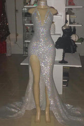 Halter V-neck Silver Sequins Prom Dress With Split Evening Dress BC0633