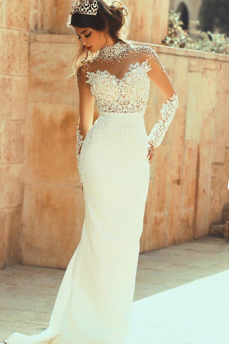 High Collar Beadings Long Sleeve White Bridal Gowns Crystal Lace Floor Length Wedding Dresses | Suzhoufashion High Collar Beadings Long Sleeve White Bridal Gowns Crystal Lace Floor Length Wedding Dresses | Suzhoufashion