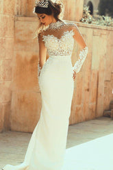 High Collar Beadings Long Sleeve White Bridal Gowns Crystal Lace Floor Length Wedding Dresses