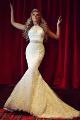 High Collar Lace Mermaid Sexy Wedding Dress White Crystal Sweep Train Formal Bridal Gown MH005