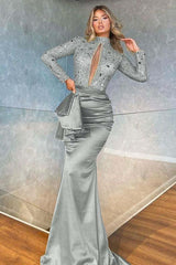 High Collar Long Sleeves Mermaid Pleated Sequined Evening Formal Dress With Beadings