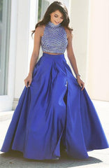 High Neck Beads Two Piece Prom Dress Sexy Royal Blue Side Slit Popular Evening Gown