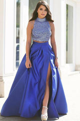 High Neck Beads Two Piece Prom Dress Sexy Royal Blue Side Slit Popular Evening Gown
