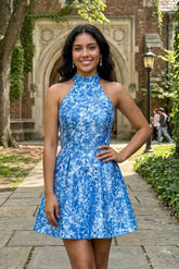 Suzhoufashion High Neck Halter Floral Brocade Homecoming Dresses Mini Cocktail Dress