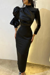 High Neck Long Sleeve Formal Dress Column Satin Black Evening Dress