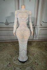 High Neck Long Sleeve Formal Dress Pearl Mermaid Prom Evening Dress