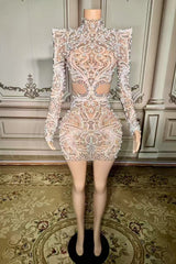 High Neck Long Sleeve Homecoming Dresses Ivory Bodycon Party Cocktail Dresses