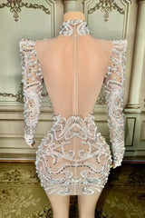 High Neck Long Sleeve Homecoming Dresses Ivory Bodycon Party Cocktail Dresses