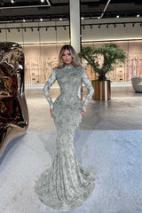 High Neck Long Sleeves Long Mermaid Evening Formal Dress With Beading Pleated