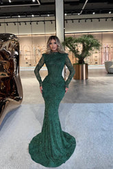 High Neck Long Sleeves Long Mermaid Evening Formal Dress With Beading Pleated