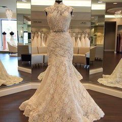 High Neck Mermaid Lace Retro Wedding Dress Crystals Belt Sash Elegant Bride Dress