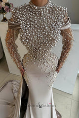 High Neck Mermaid Silver Prom Dress Beaded Sleeves Satin Formal Dress With Pearls