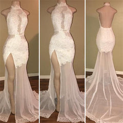 High Neck Sexy Side Slit Lace Prom Dresses Backless Sheer Tulle Evening Gown BA8228