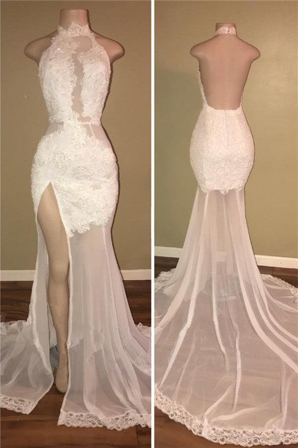 High Neck Sexy Side Slit Lace Prom Dresses Backless Sheer Tulle Evening Gown BA8228