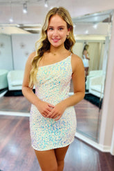 Homecoming Dresses Open Back One Shoulder Sequin Tight Short Cocktail Dresses