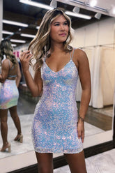Homecoming Dresses Sequin Spaghetti Straps Criss-Cross Straps Back Tight Prom Dress